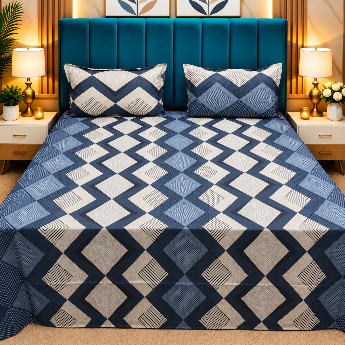Procian Premium Navy Blue & Sky Blue Geometric Diamond Printed Pure Cotton Queen-Size Bedsheet