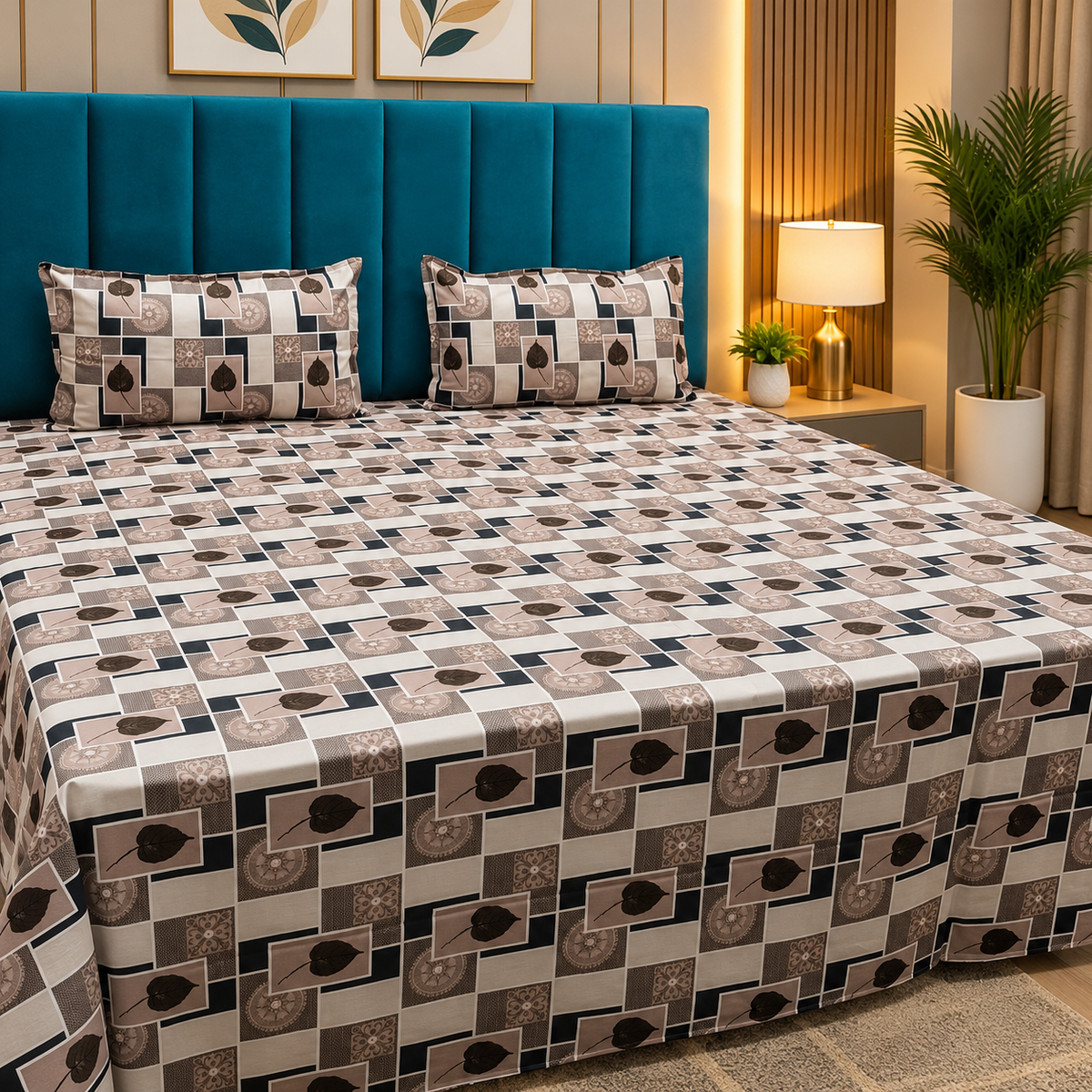 Procian Premium Black, Beige & Brown Geometric Floral Printed Pure Cotton Queen-Size Bedsheet