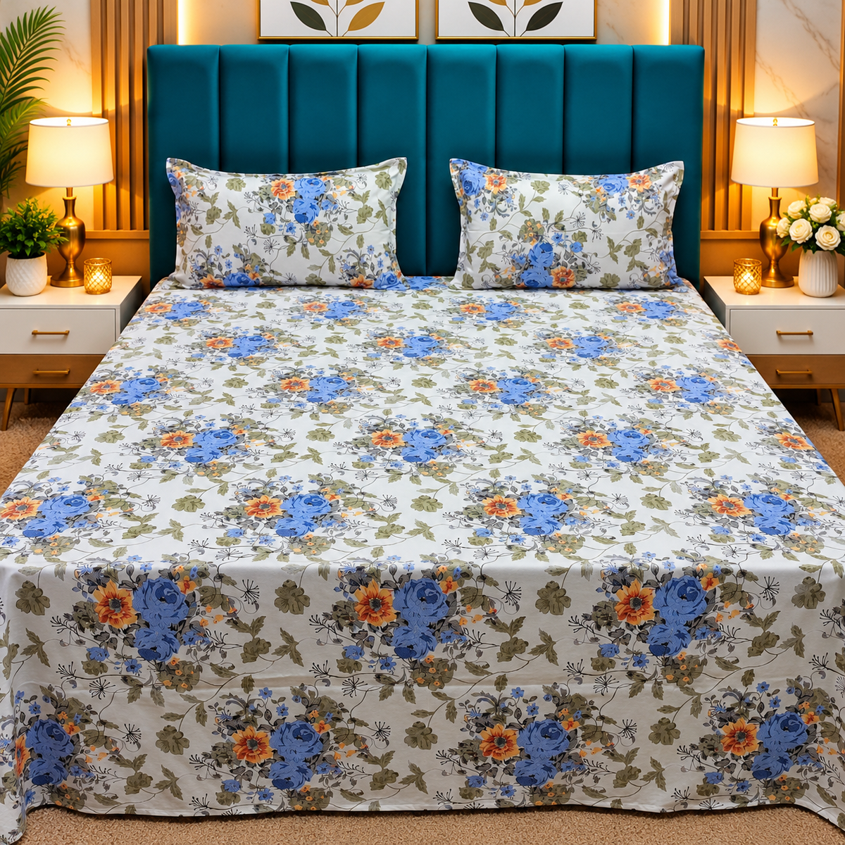 Glory Premium Blue & Orange Floral Printed Queen Size Pure Cotton Bedsheet