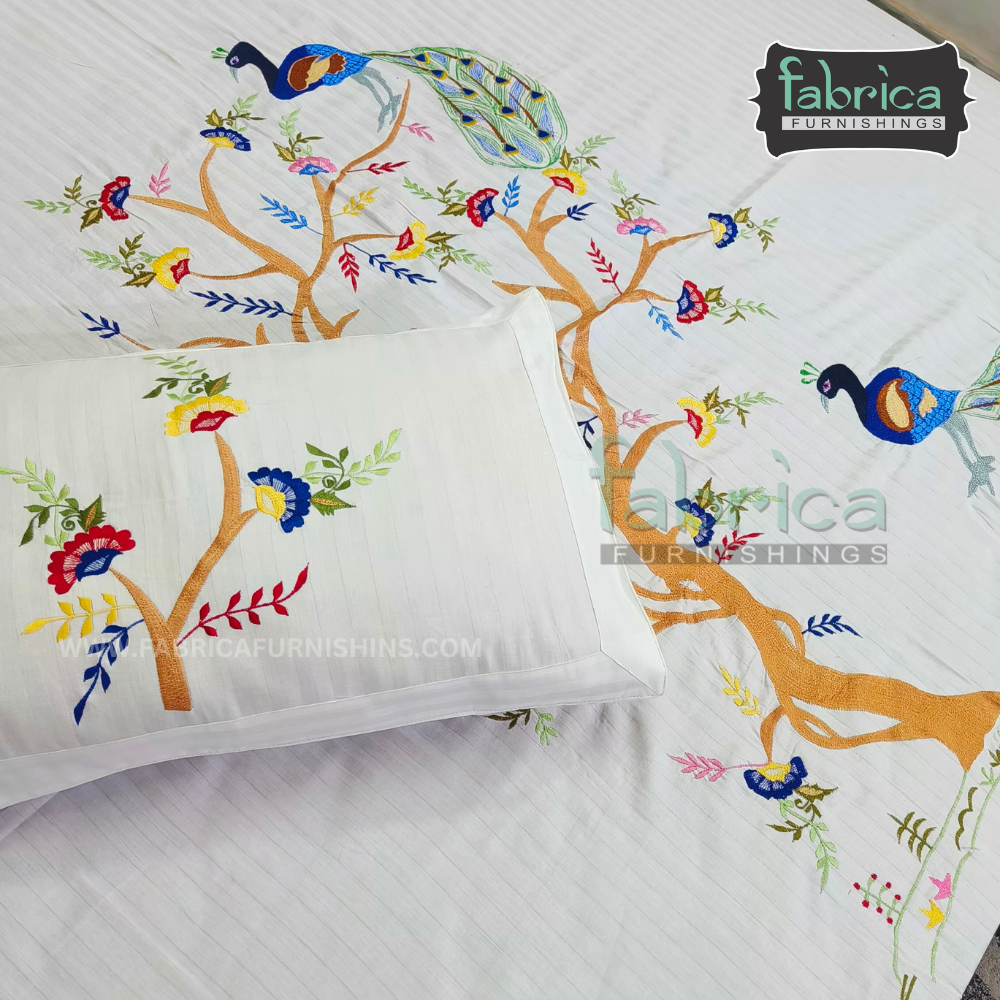 Fabby Peacock Embroider Double Bed King Size Bed Sheets