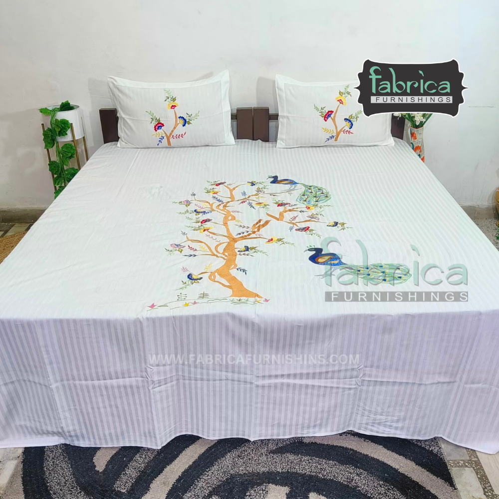 Fabby Peacock Embroider Double Bed King Size Bed Sheets