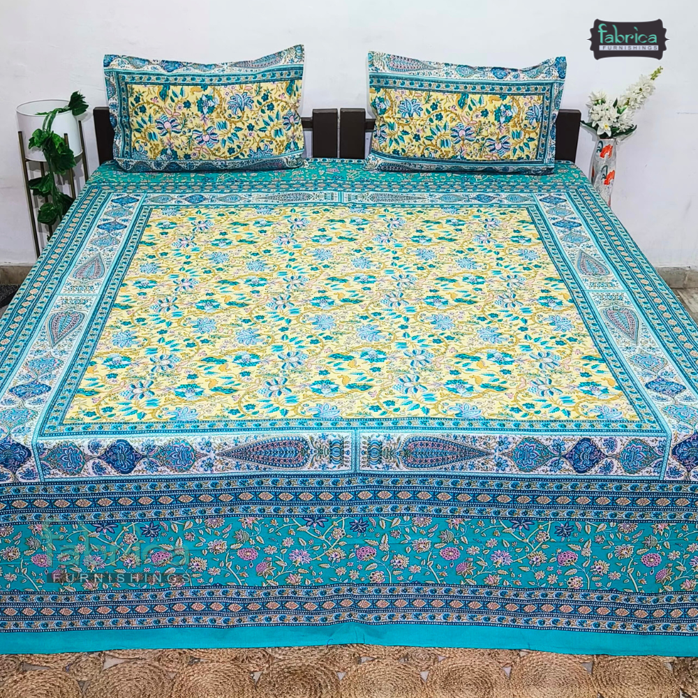 Sitara Handblock Designer Print Premium Cotton Kingsize Bed Sheets