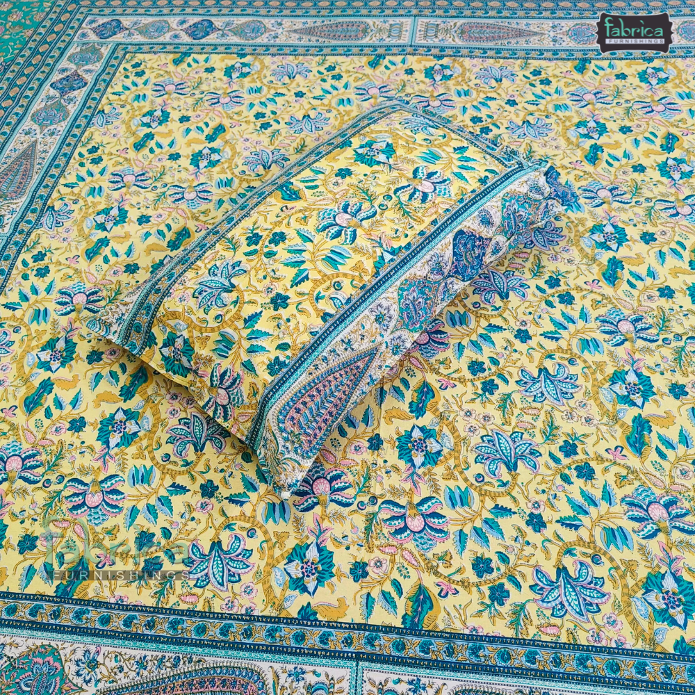 Sitara Handblock Designer Print Premium Cotton Kingsize Bed Sheets