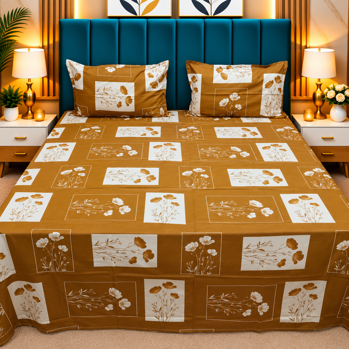Procian Premium Mustard Yellow & White Floral Printed Pure Cotton Queen-Size Bedsheet