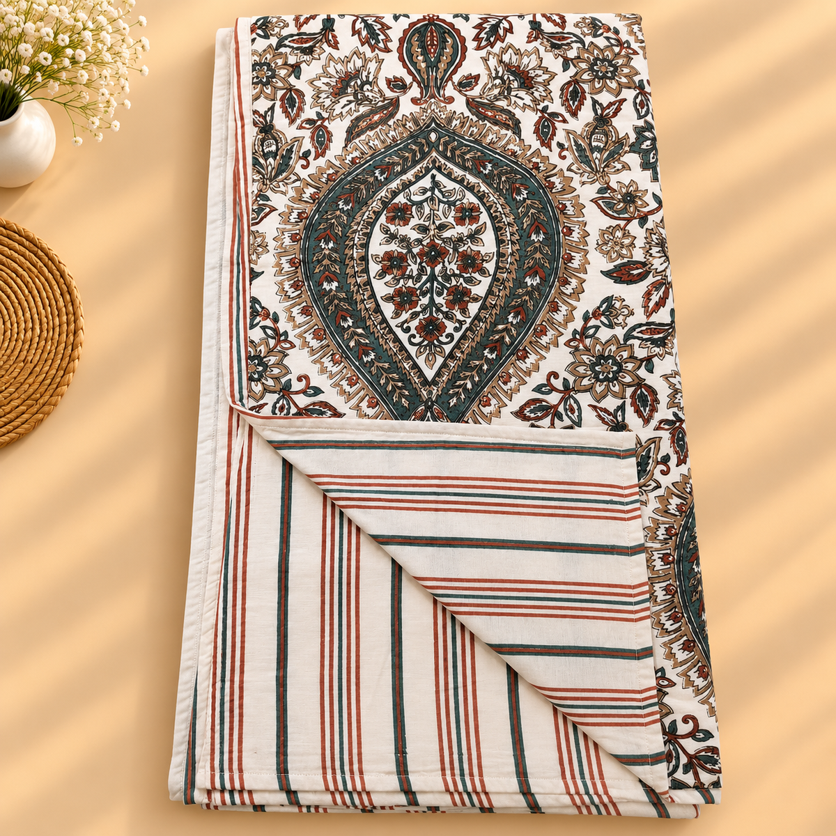 Blue Mahal Rust & Teal Paisley Printed Single Bed Dohar Set