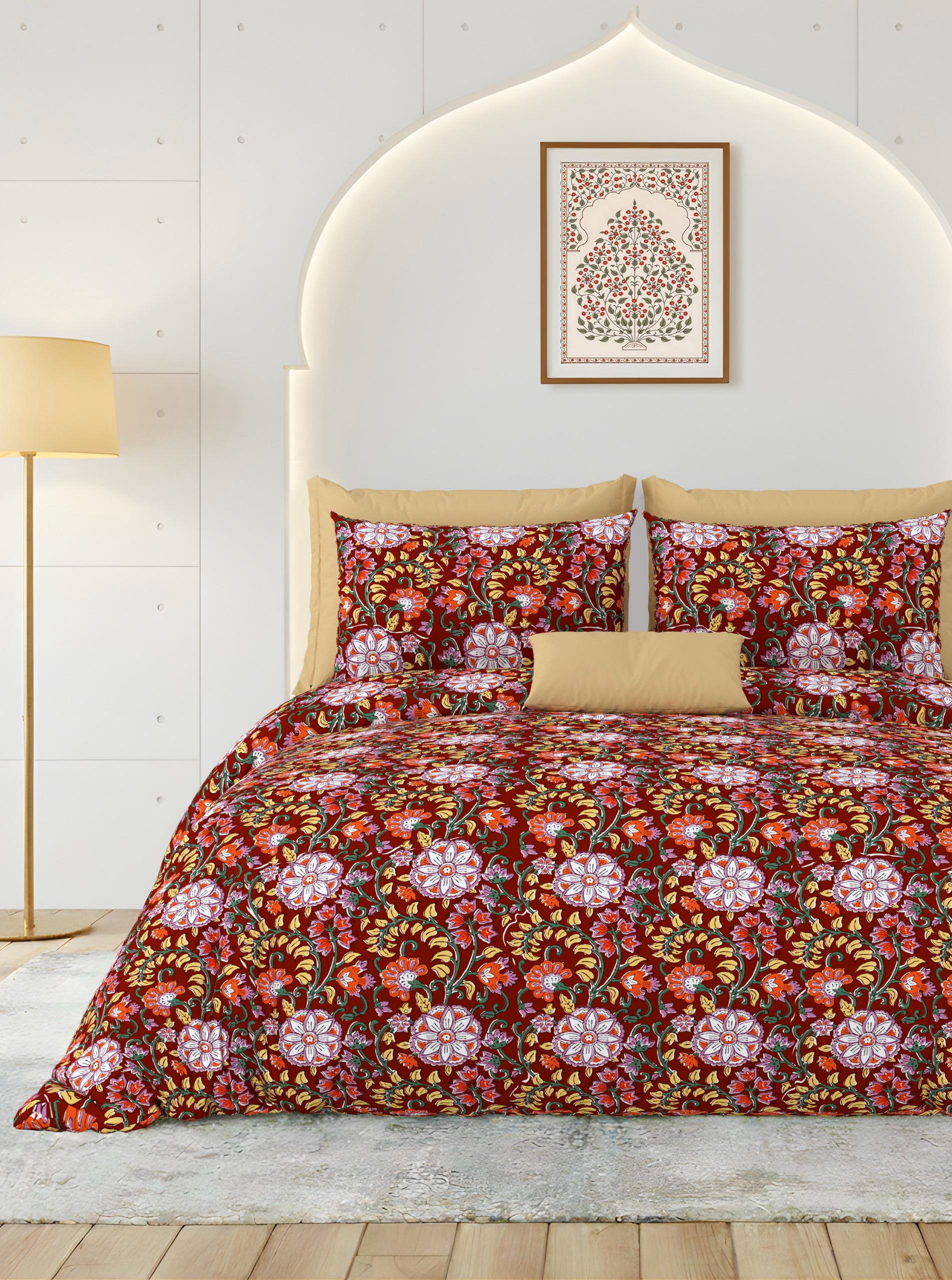 Rainbow Crimson Blossom Premium Cotton King Size Bedsheet Set
