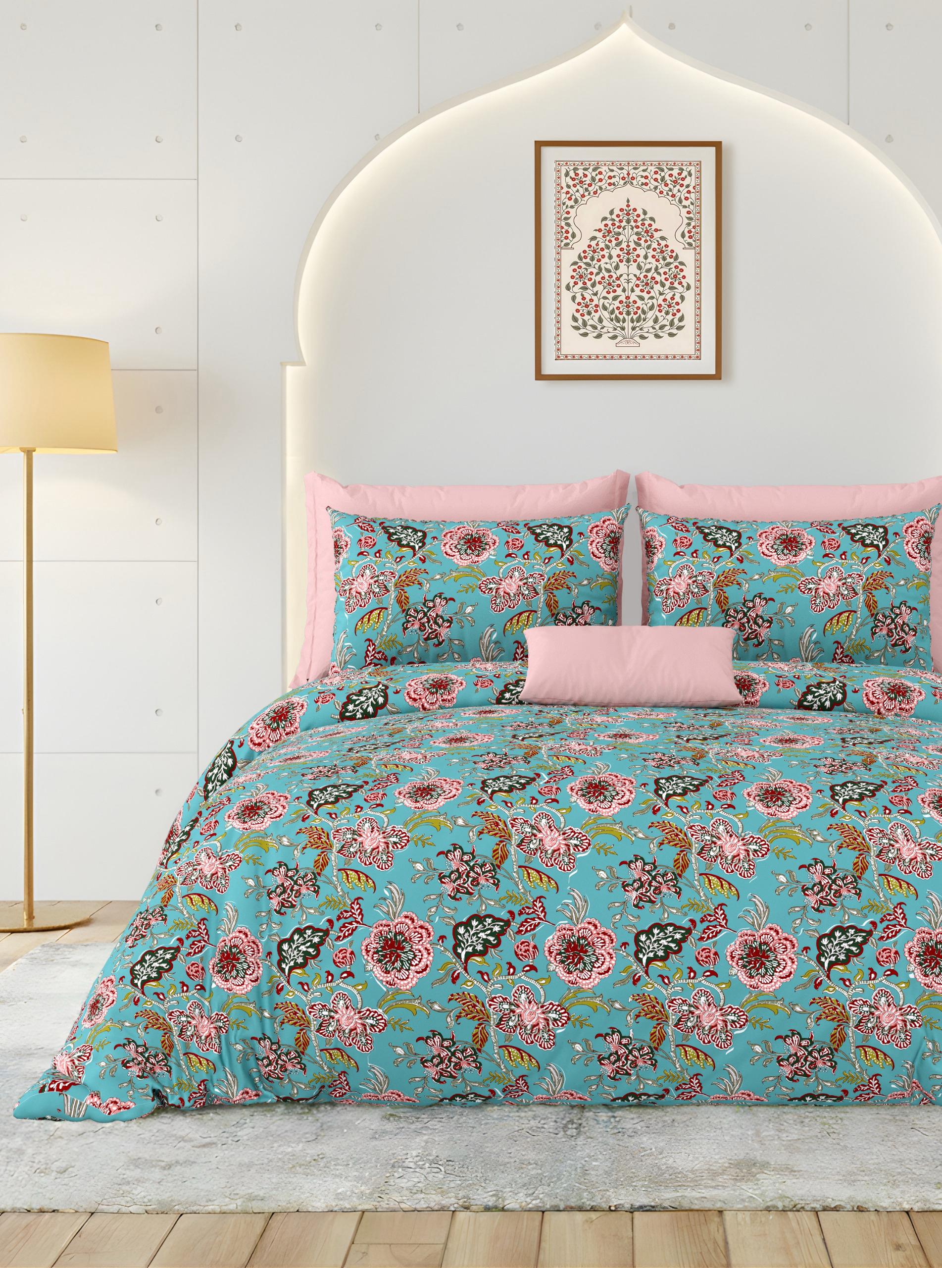 Rainbow Aqua Blossom Premium Cotton King Size Bedsheet Set