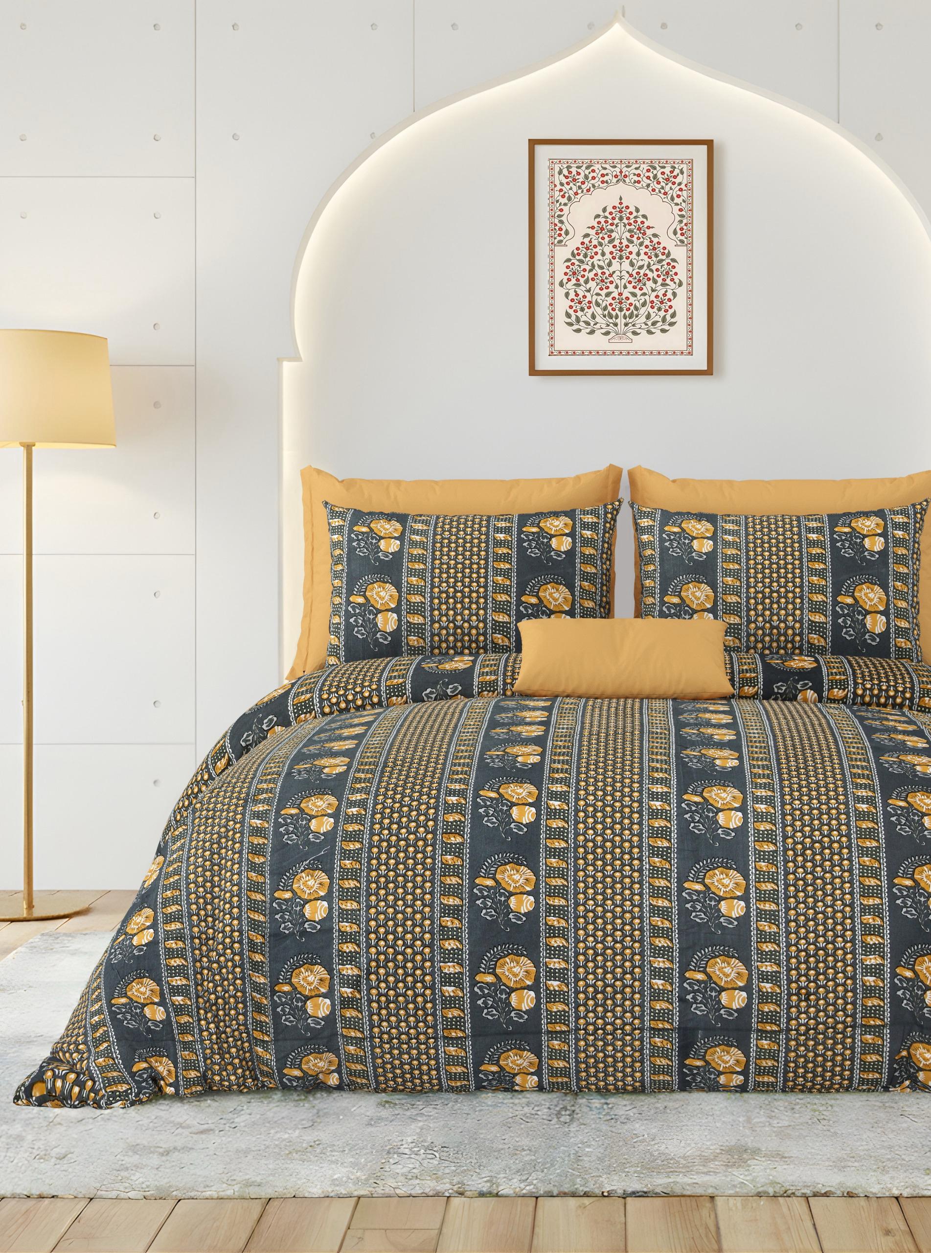 Rainbow Charcoal Gold Bloom Premium Cotton King Size Bedsheet Set