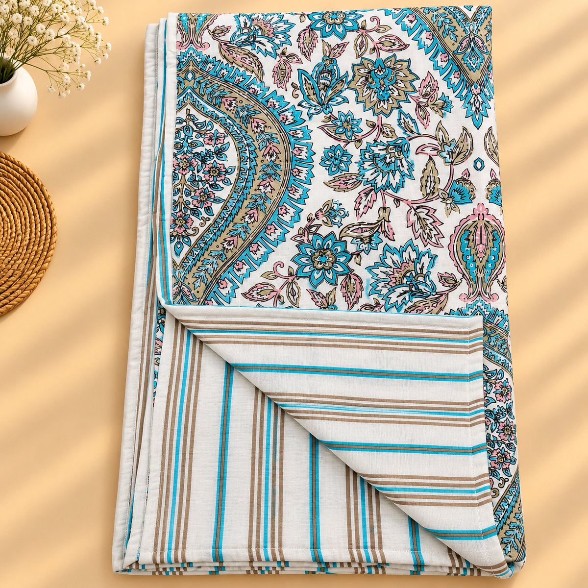 Blue Mahal Elegant Teal & Pink Paisley Printed Single Bed Dohar Set