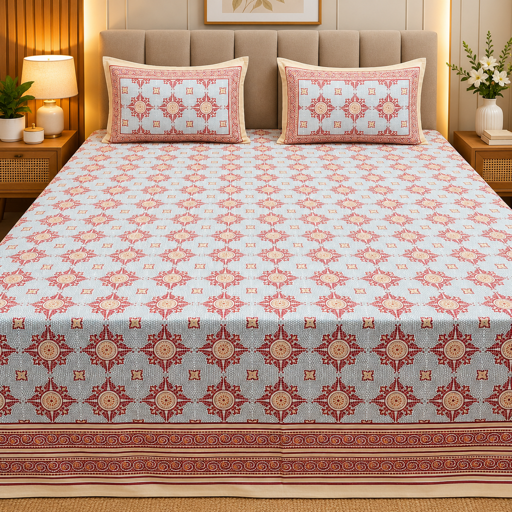Sapphire Ethnic Printed Pure Cotton Kingsize Bed Sheets With Quilted Pillow Cover