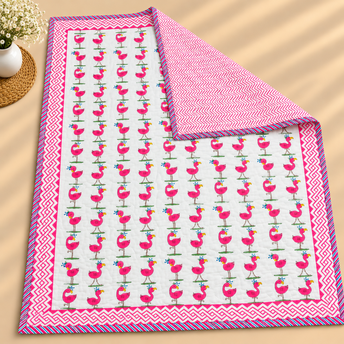 Little Dreamers Flamingo Friends Printed Pure Mul Cotton Reversible Baby Quilt