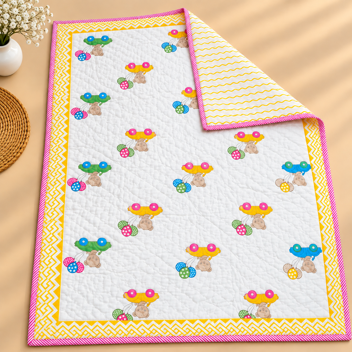Little Dreamers Teddy Balloon Friends Printed Pure Mul Cotton Reversible Baby Quilt