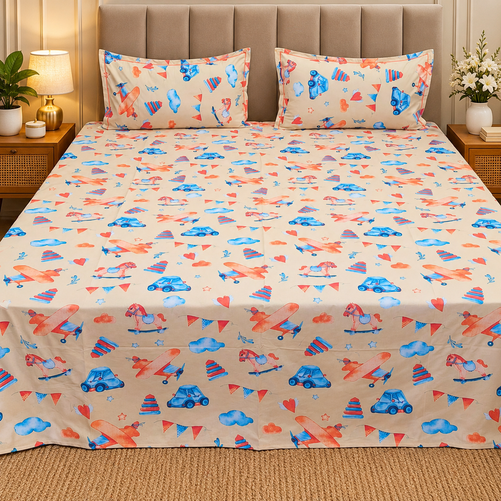 kidzee cartoon Print Cotton Double Bedsheet