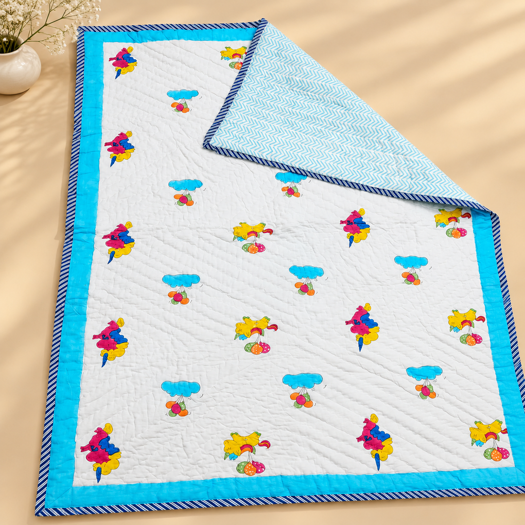 Little Dreamers Colorful Balloon Parade Printed Pure Mul Cotton Reversible Baby Quilt