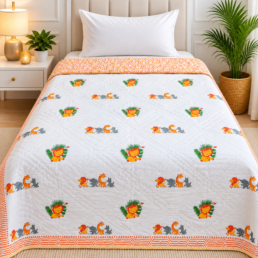 Cuddle Clouds Handblock Printed Single Bed Ac Mul-Mul Quilt