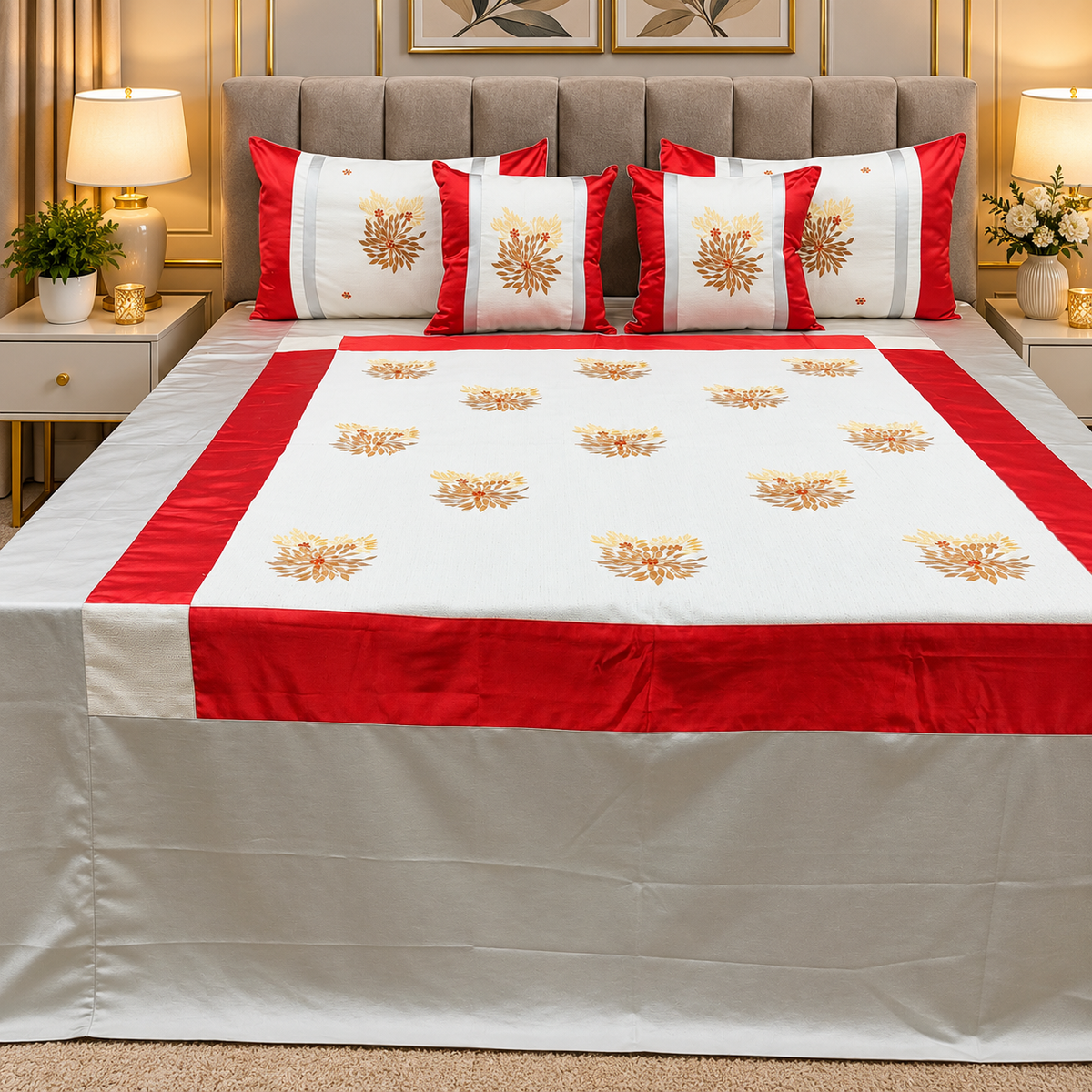Jacquard Silk Applique Work King Size Embroidered 5 Pcs Set