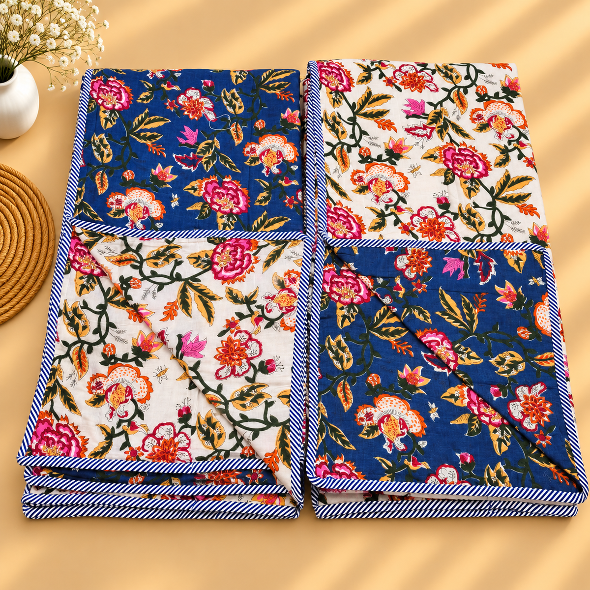 Tulip Premium Blue & White Floral Printed Single Bed Pure Mul Cotton AC Dohar