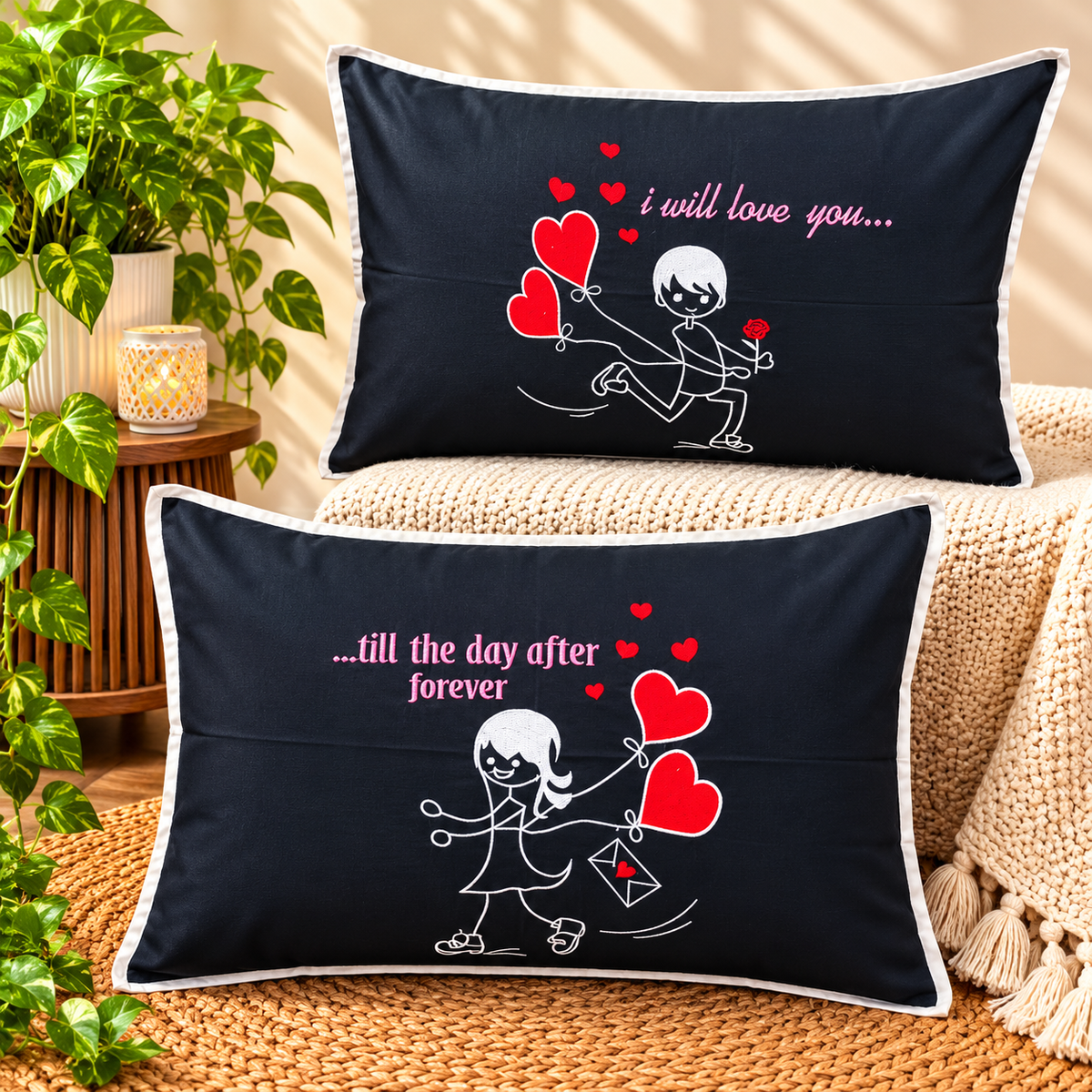 Soulmates Embroidered Pure Cotton Pillow Covers Only