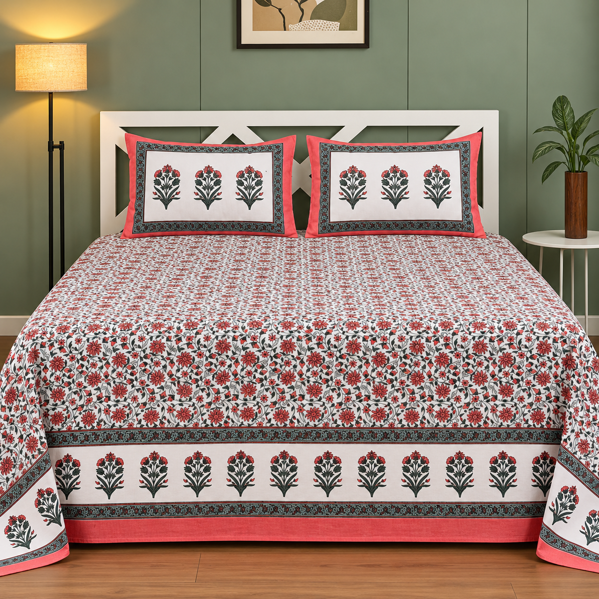 Mughal Utsav Premium Pure Cotton King Size White & Red Floral Printed Bedsheet Set