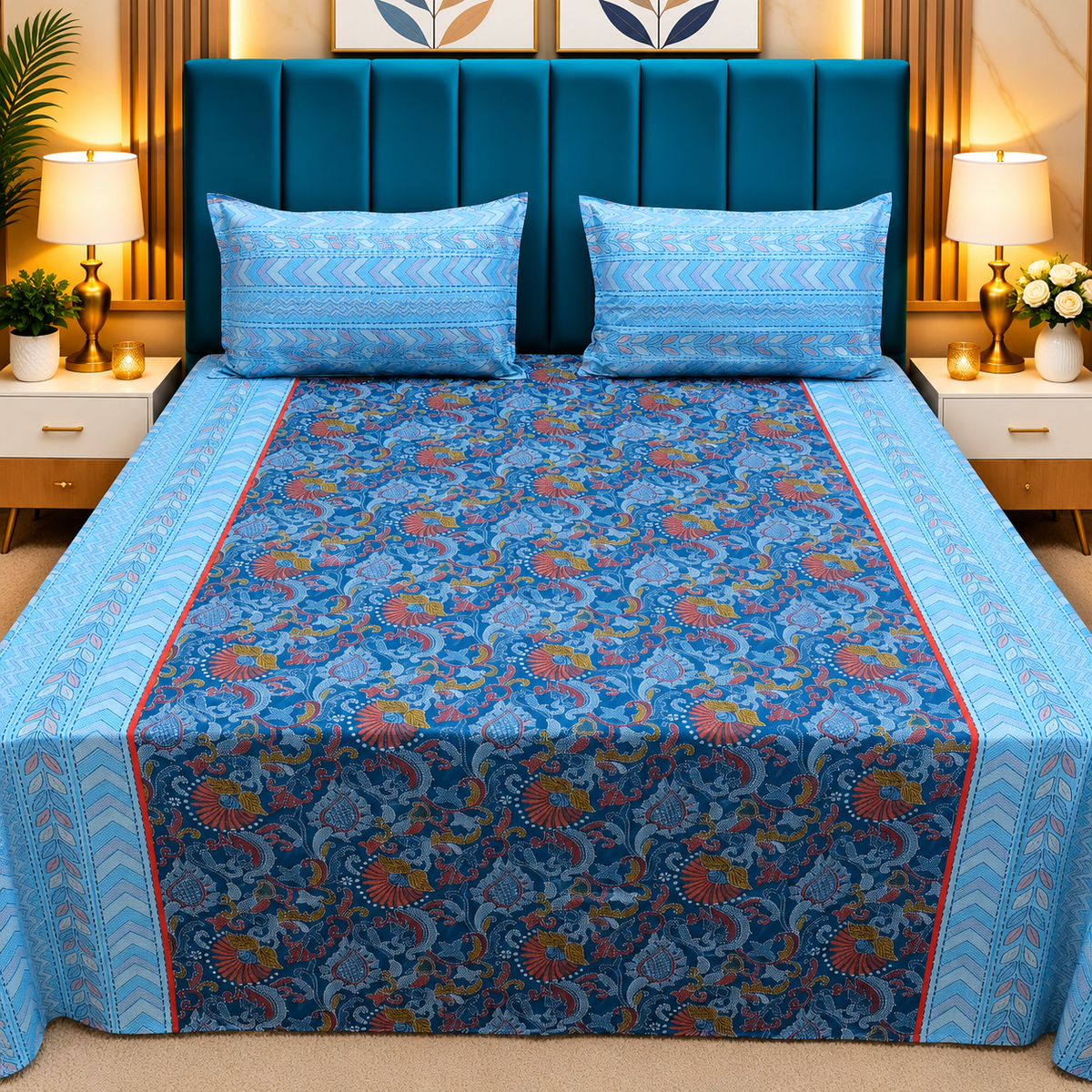 Procian Premium Navy Blue & Sky Blue Floral Paisley Printed Pure Cotton Queen-Size Bedsheet