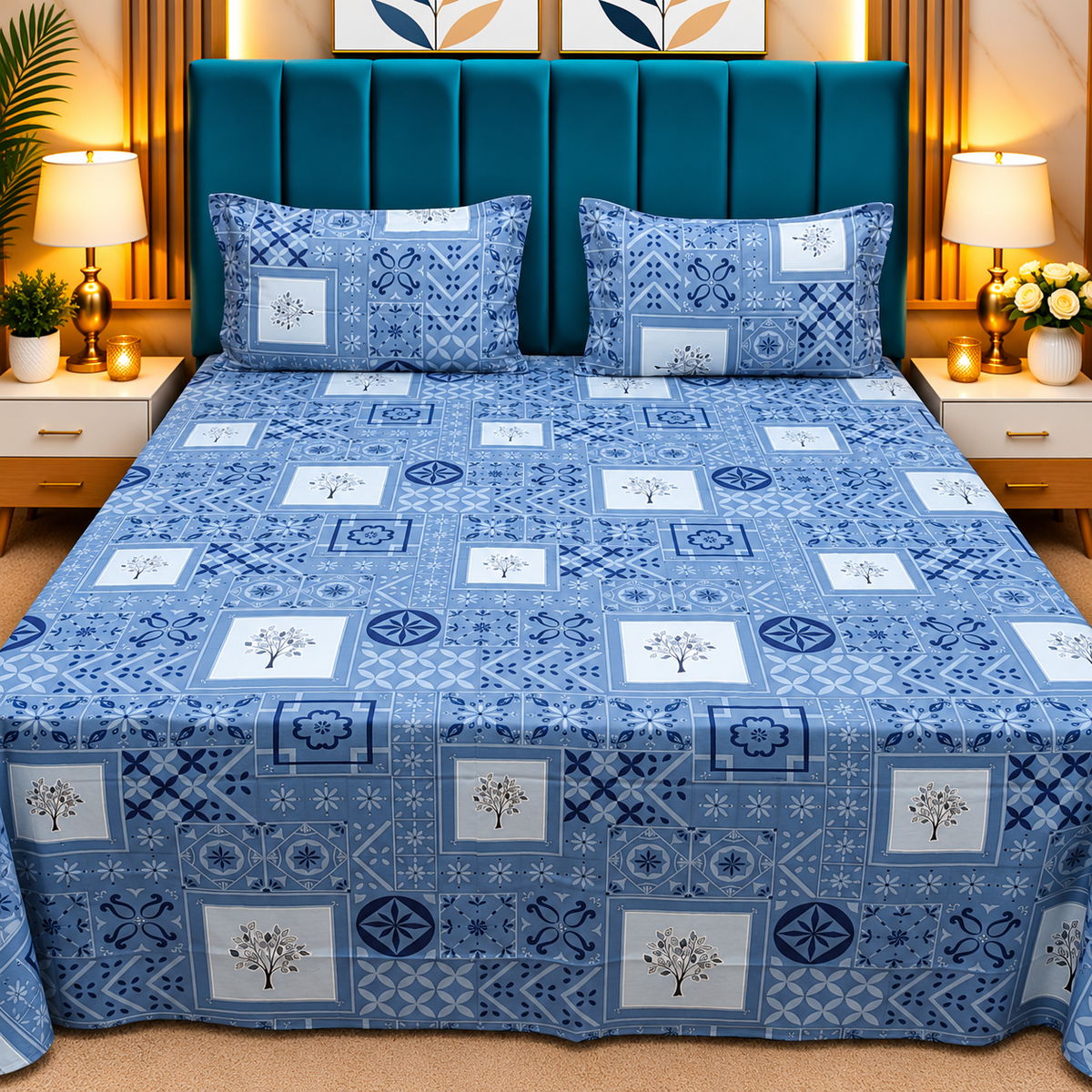 Procian Premium Blue & White Geometric Floral Printed Pure Cotton Queen-Size Bedsheet