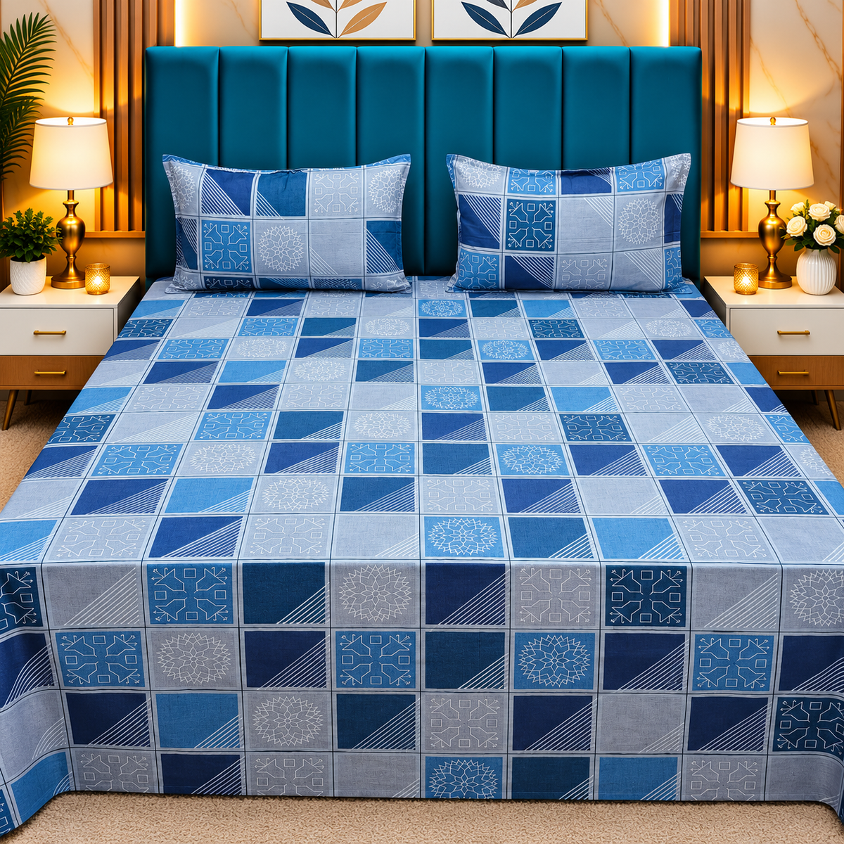 Procian Premium Navy Blue & Sky Blue Geometric Patchwork Printed Pure Cotton Queen-Size Bedsheet
