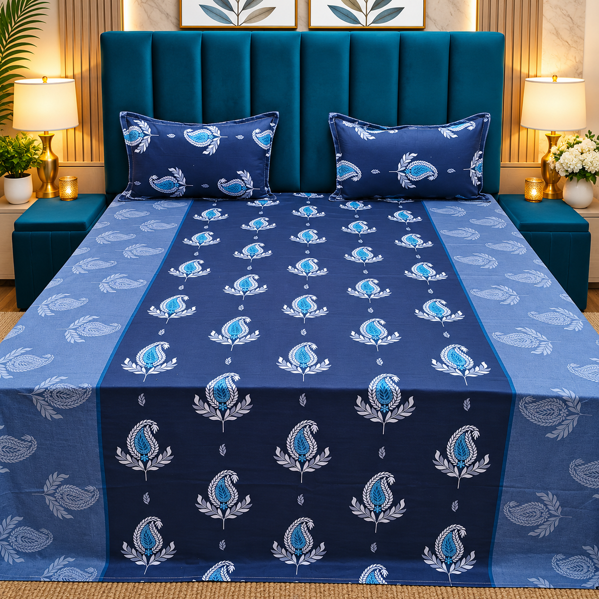 Procian Premium Navy Blue & Sky Blue Paisley Printed Pure Cotton Queen-Size Bedsheet
