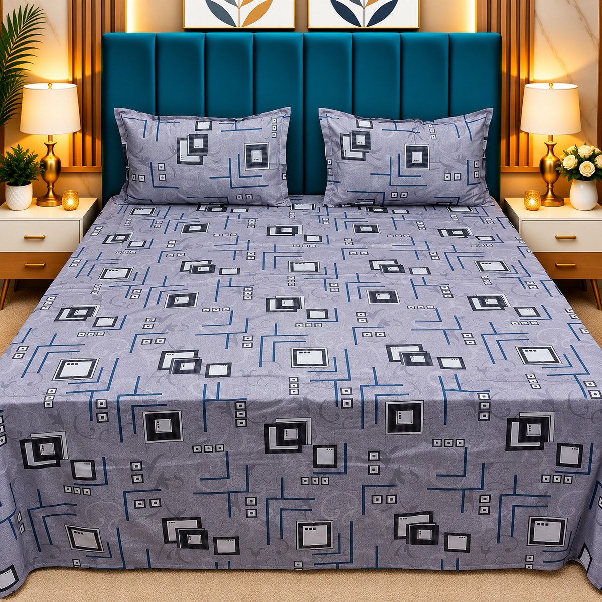Procian Premium Grey & Navy Blue Geometric Printed Pure Cotton Queen-Size Bedsheet