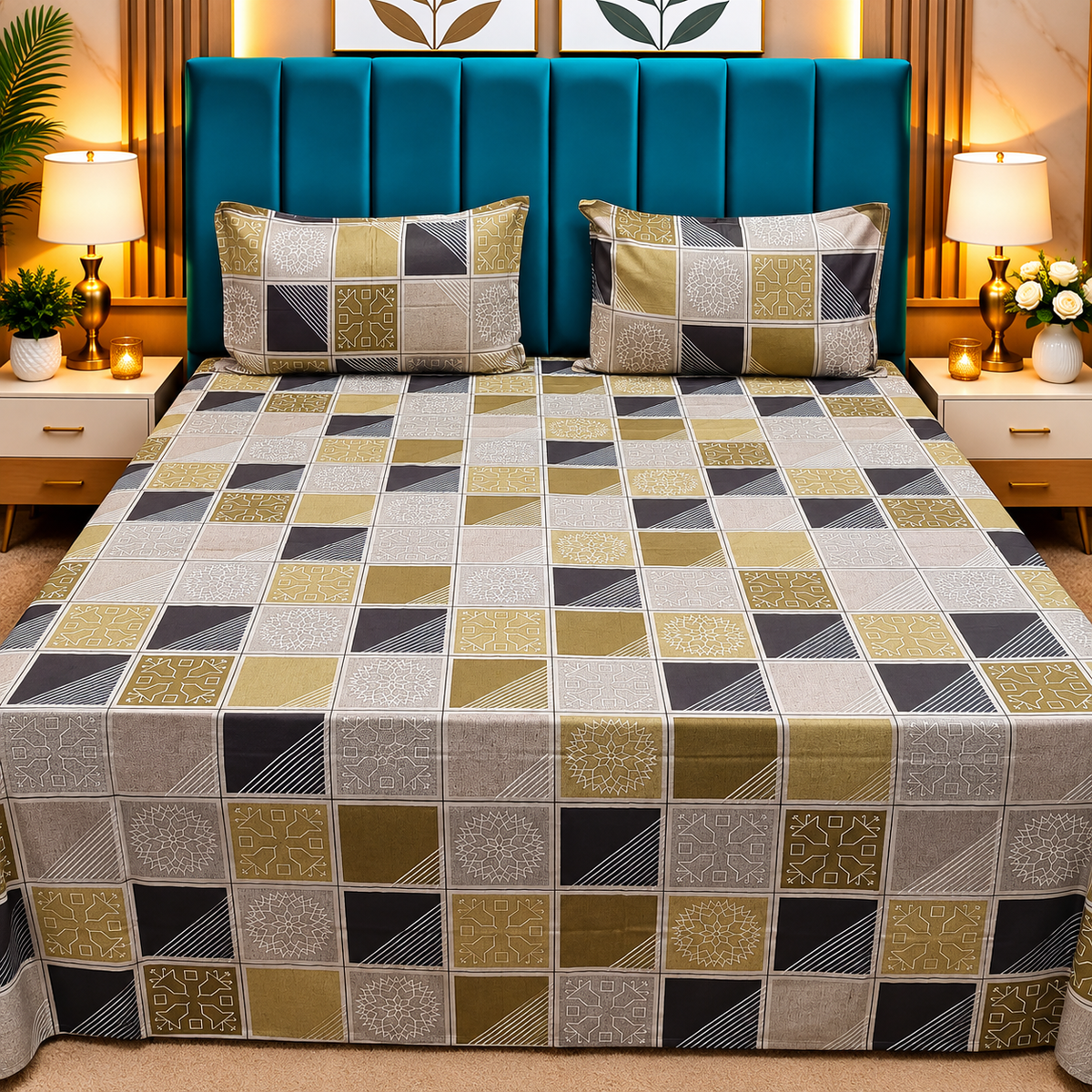 Procian Premium Mustard Yellow & Grey Geometric Printed Pure Cotton Queen-Size Bedsheet