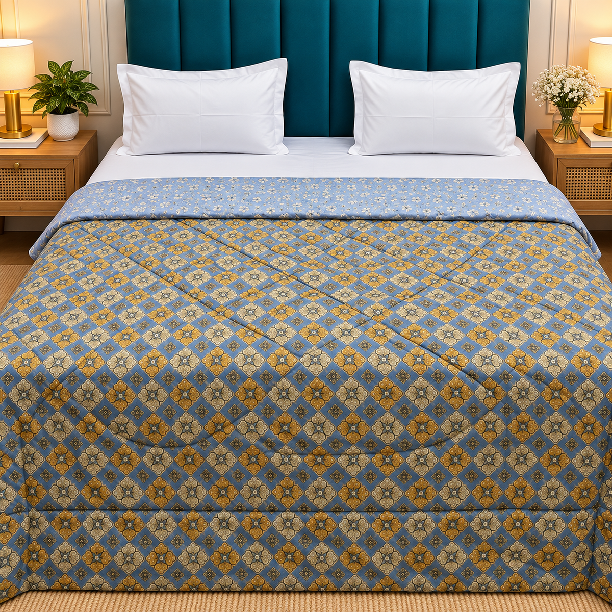 Tencel Premium Blue & Mustard Floral Geometric Printed Double Bed Comforter