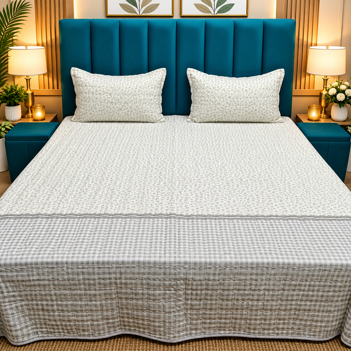 Victory Premium Grey & White Checked Printed Cotton Bedcover