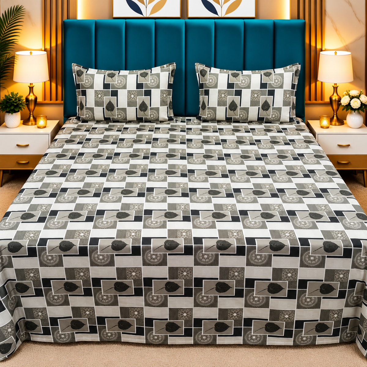 Procian Premium Black & Grey Geometric Leaf Printed Pure Cotton Queen-Size Bedsheet