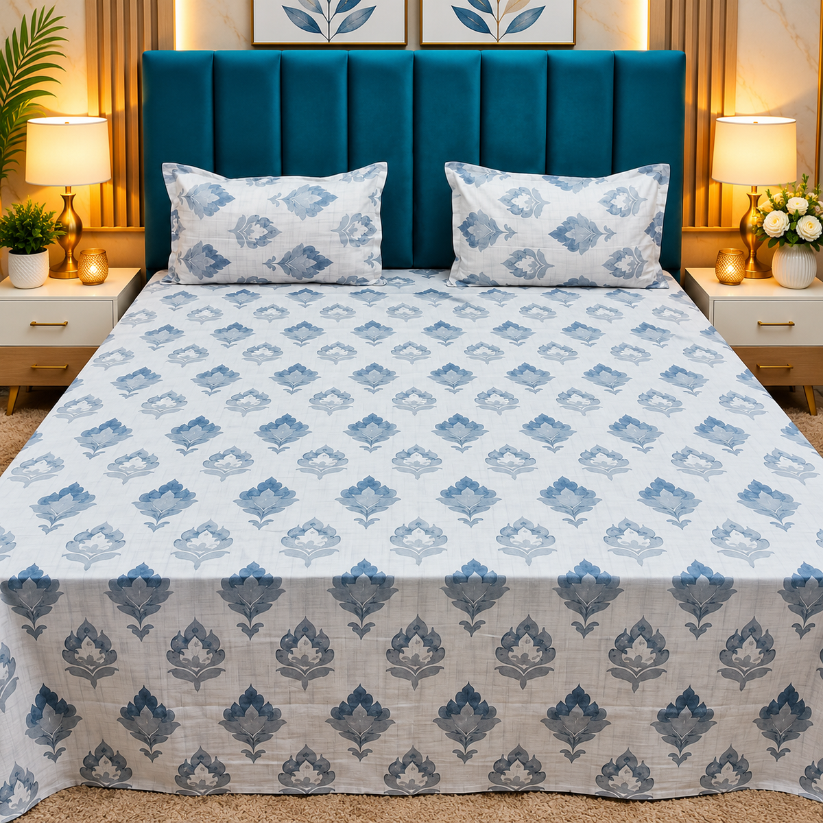 Glory Premium White & Blue Floral Printed Queen Size Pure Cotton Bedsheet
