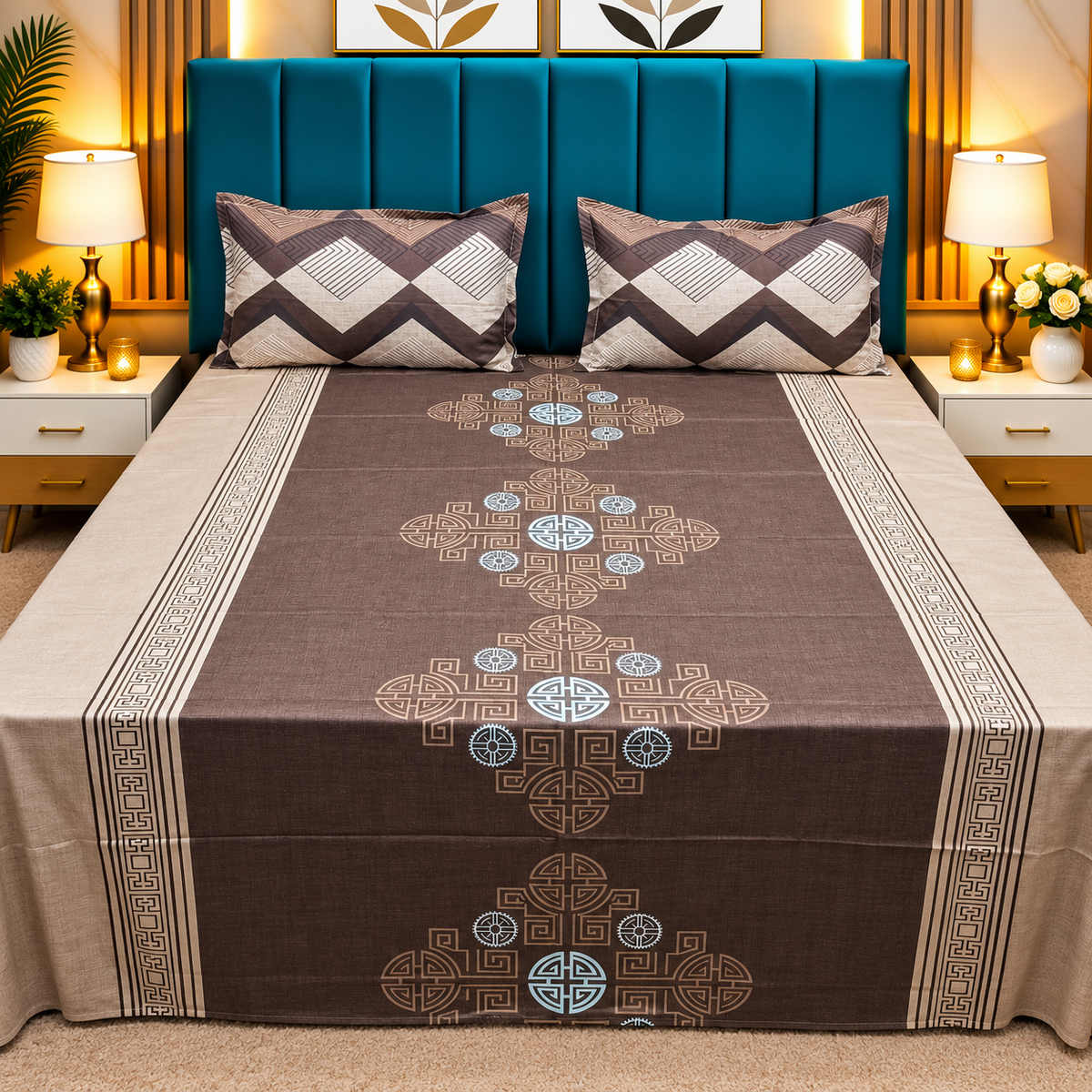Procian Premium Brown & Beige Geometric Printed Pure Cotton Queen-Size Bedsheet