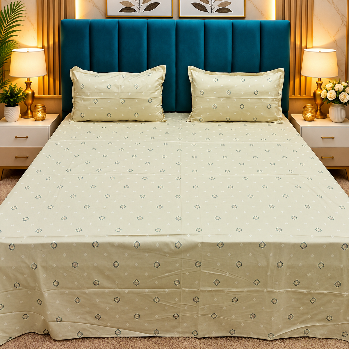 Glory Premium Cream & Beige Geometric Printed Queen Size Pure Cotton Bedsheet
