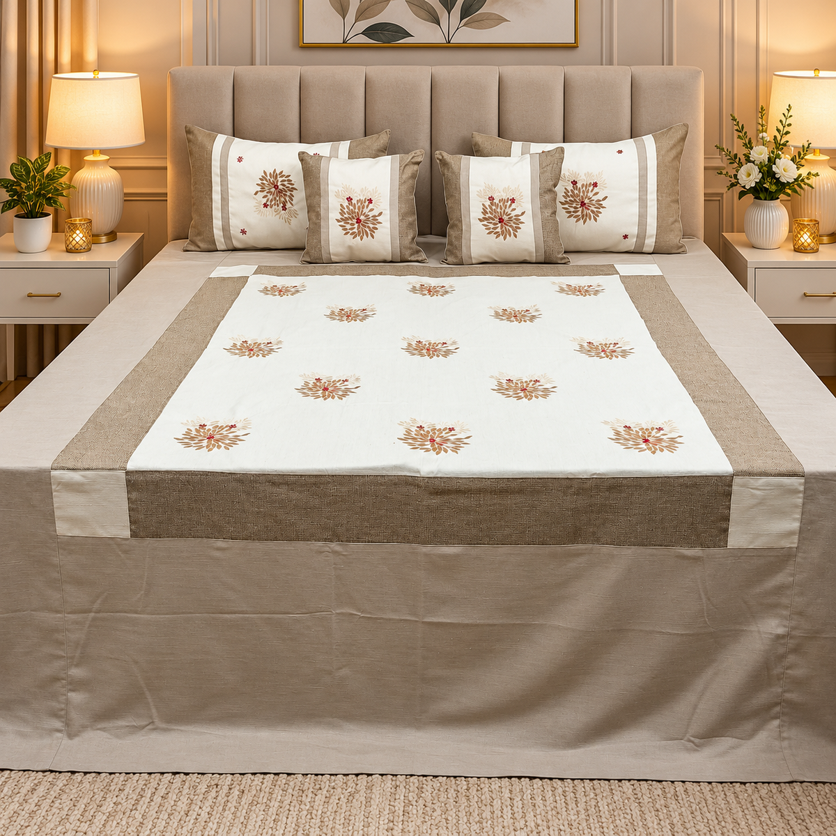 Jacquard Silk Applique Work King Size Embroidered 5 Pcs Set