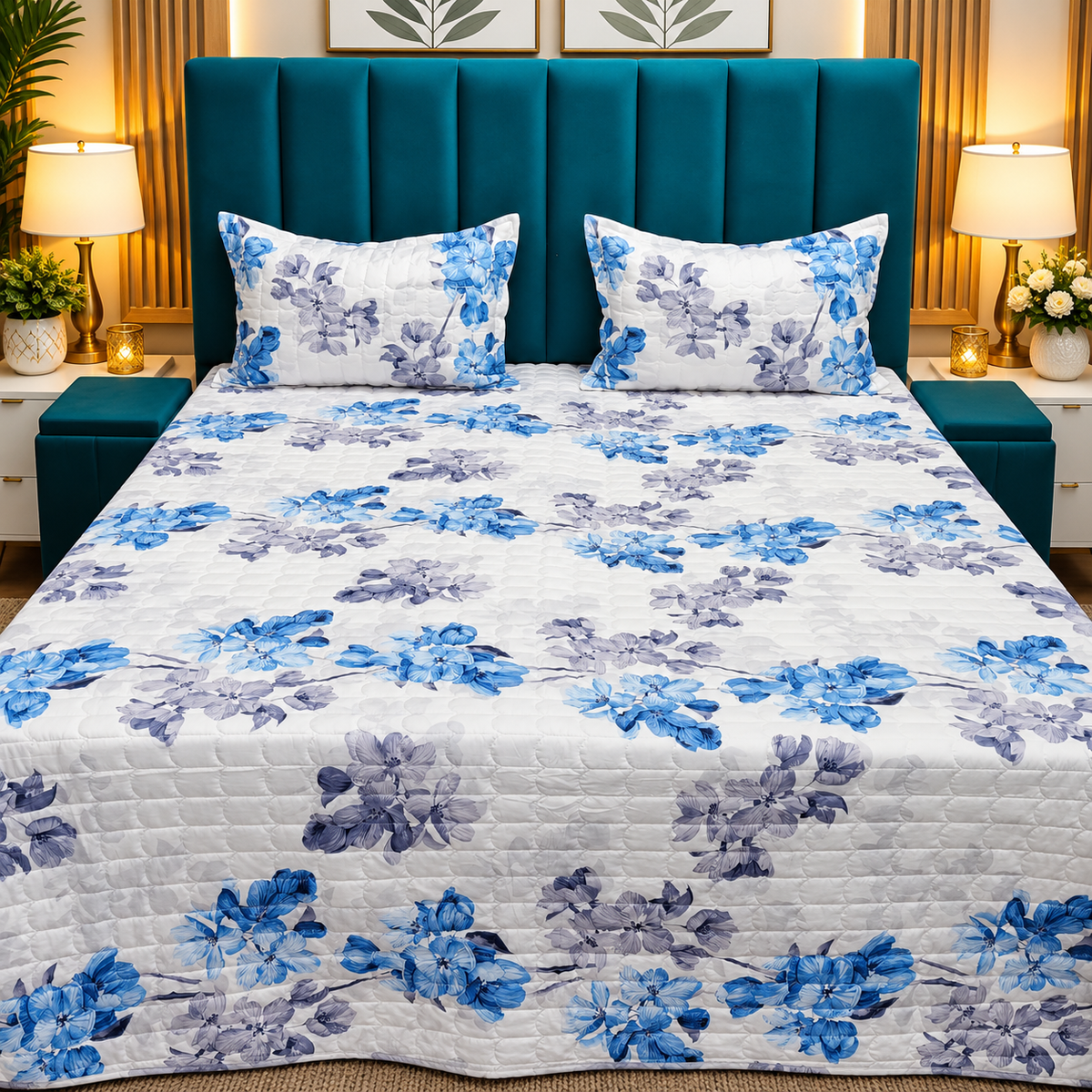 Elowen Premium Blue & White Floral Printed Cotton Bedcover