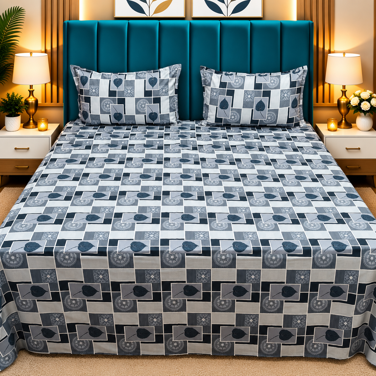 Procian Premium Navy Blue & Grey Geometric Leaf Printed Pure Cotton Queen-Size Bedsheet