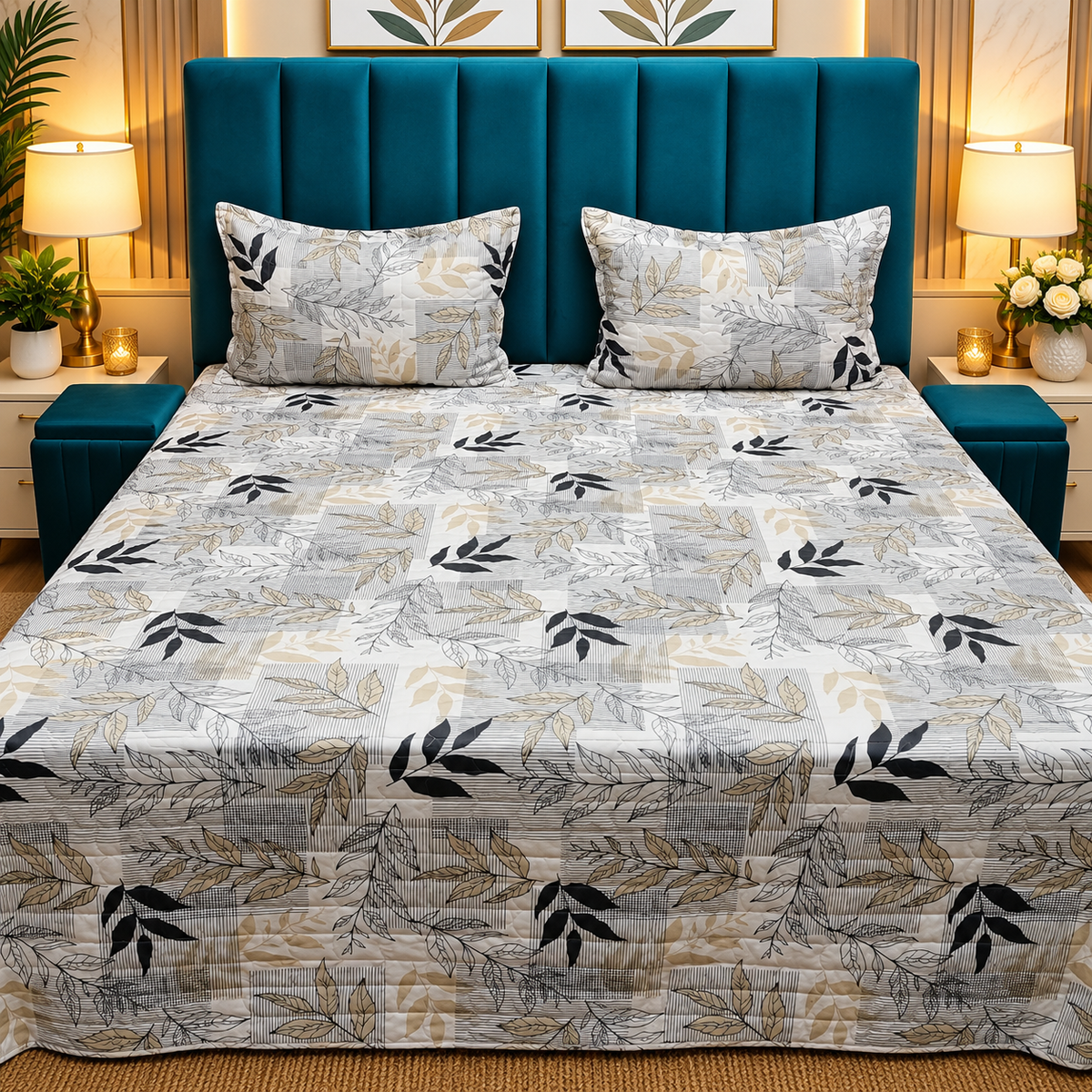 Elowen Premium Beige, Black & White Botanical Printed Cotton Bedcover
