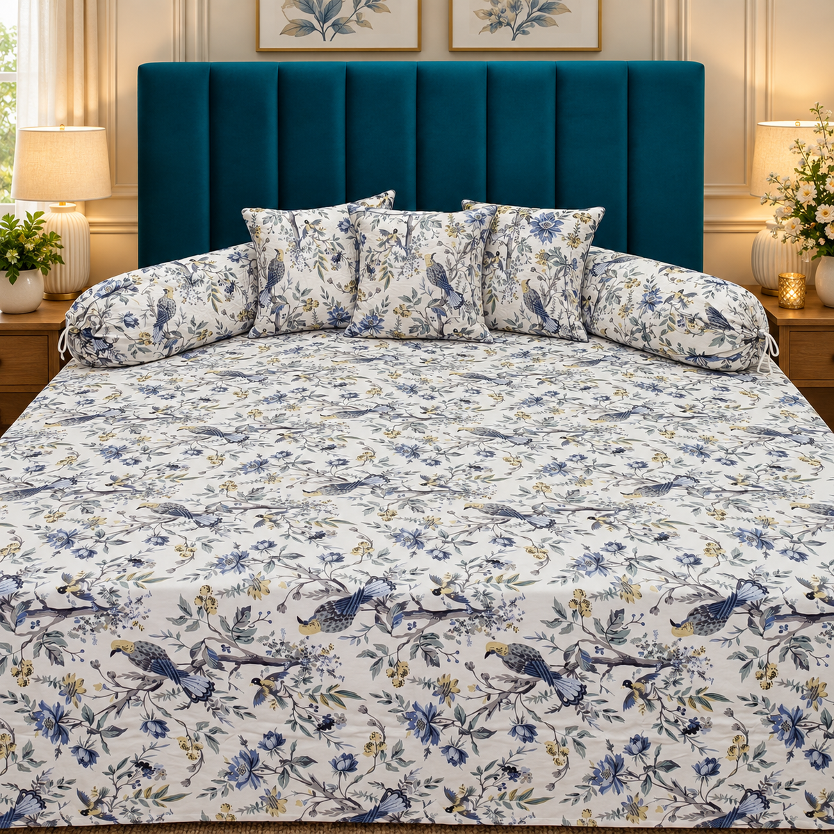 Florenza Premium Blue & Beige Bird & Floral Printed 8-Piece Pure Cotton Diwan Set