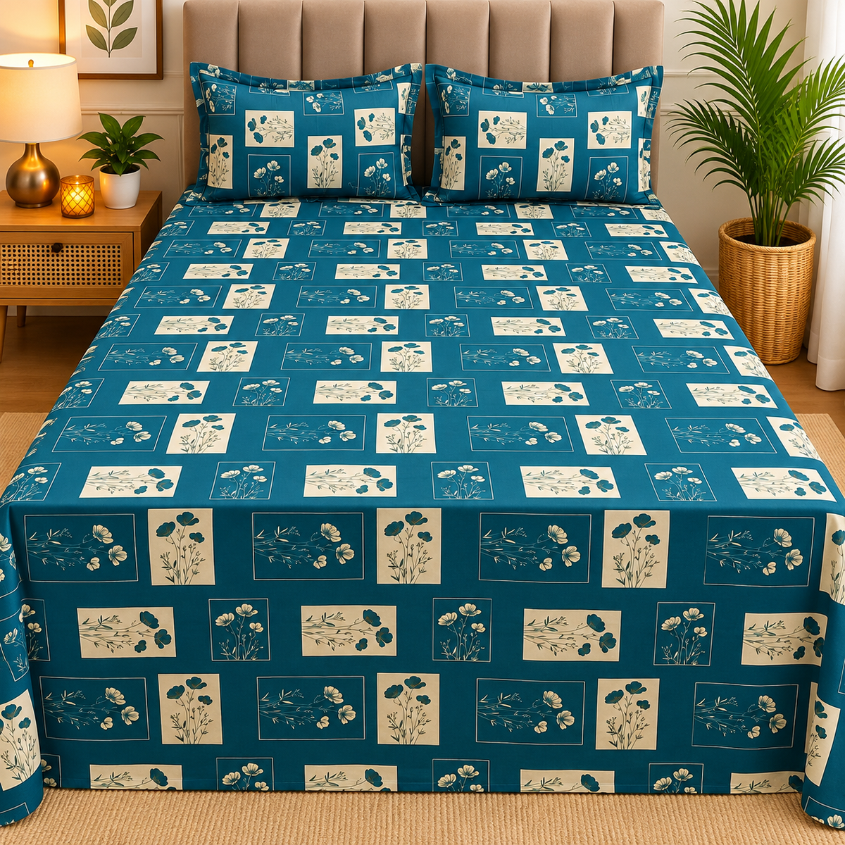 Rustic Bloom Premium Teal Blue & Beige Floral Printed Diwan Set with 2 Pillow Covers