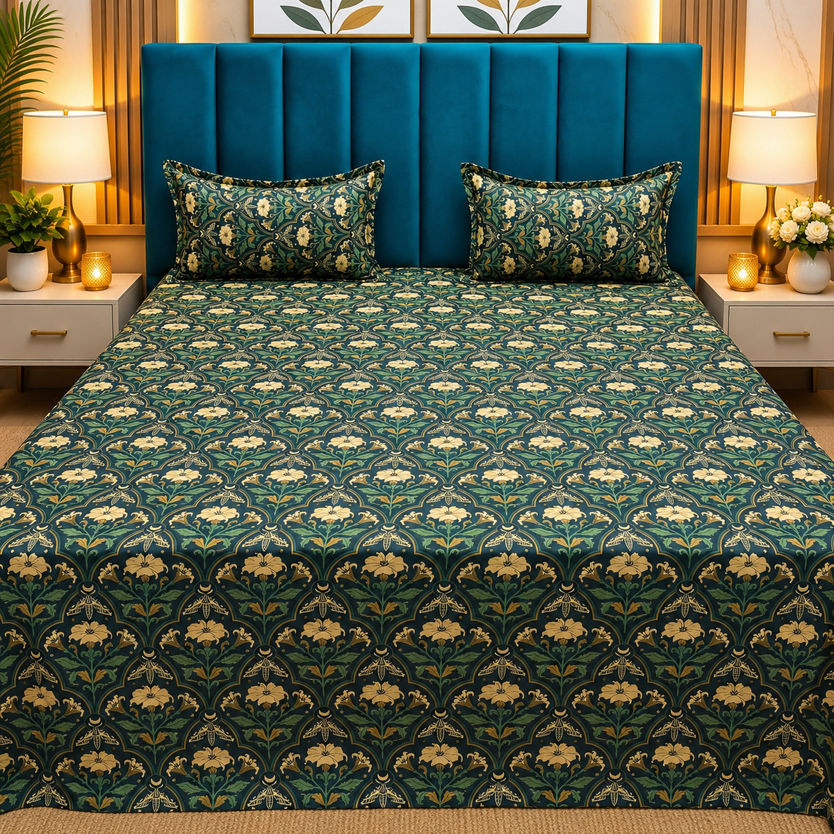 Procian Premium Teal & Beige Floral Printed Pure Cotton King-Size Bedsheet