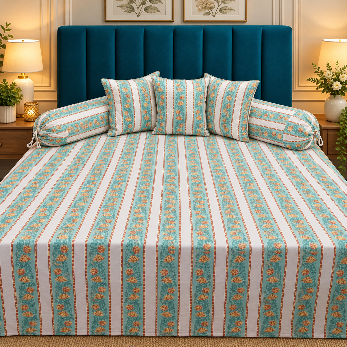 Florenza Premium Turquoise & Peach Striped Printed 8-Piece Pure Cotton Diwan Set