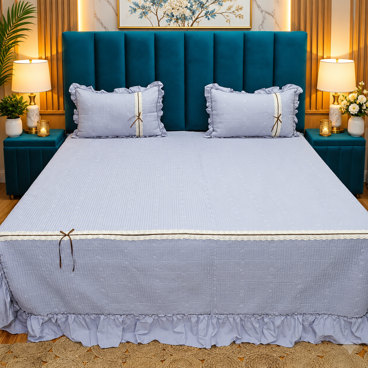 Atrio Premium Lavender Quilted Cotton Bedcover with Ruffle Border