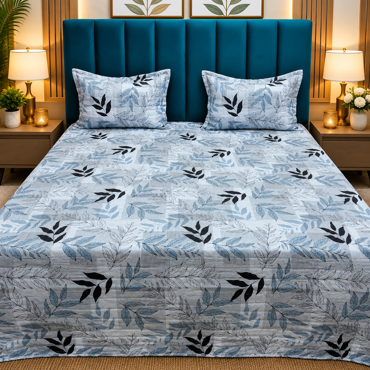 Elowen Premium Blue & White Botanical Printed Cotton Bedcover