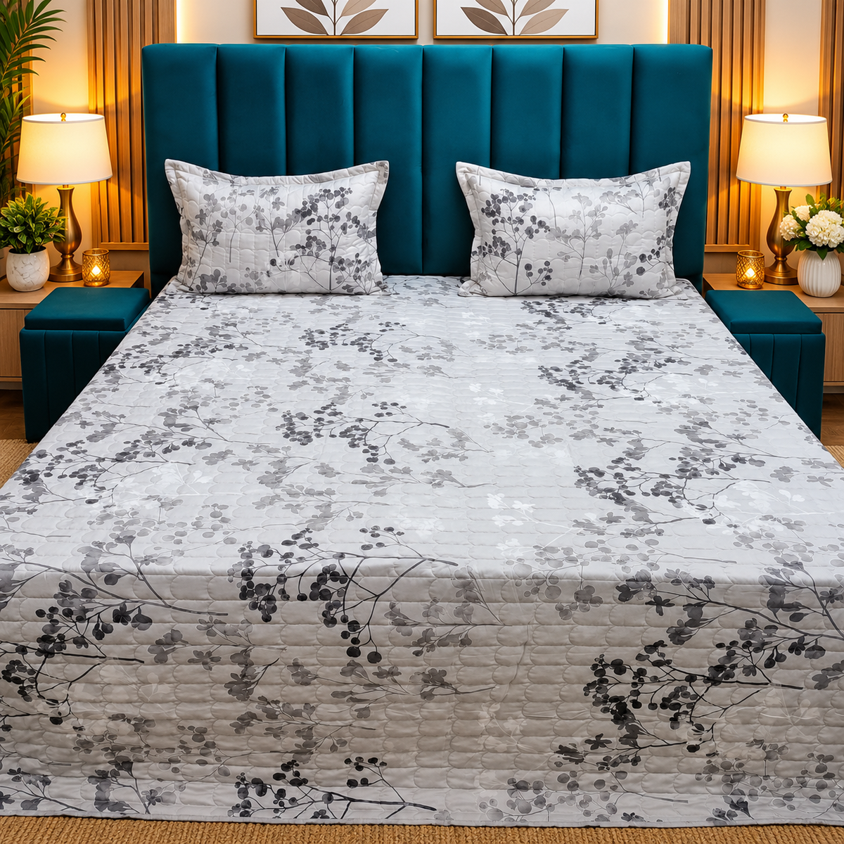 owen Premium Grey & White Botanical Printed Cotton Bedcover