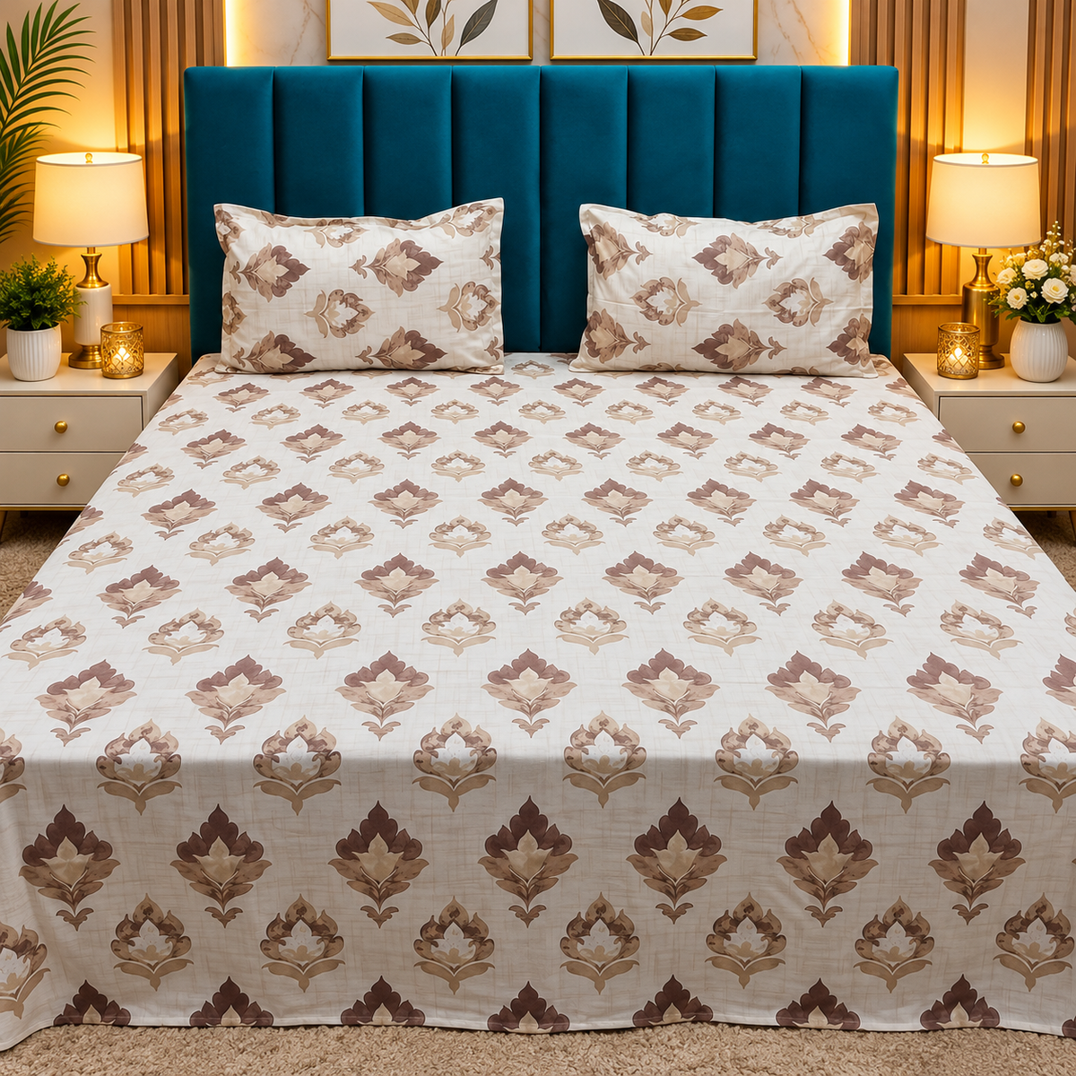Glory Premium Beige & Brown Floral Printed Queen Size Pure Cotton Bedsheet