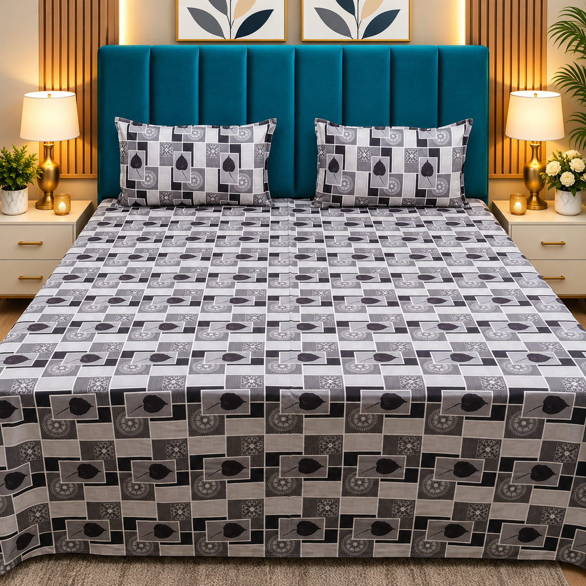 Procian Premium Black & Grey Geometric Printed Pure Cotton Queen-Size Bedsheet