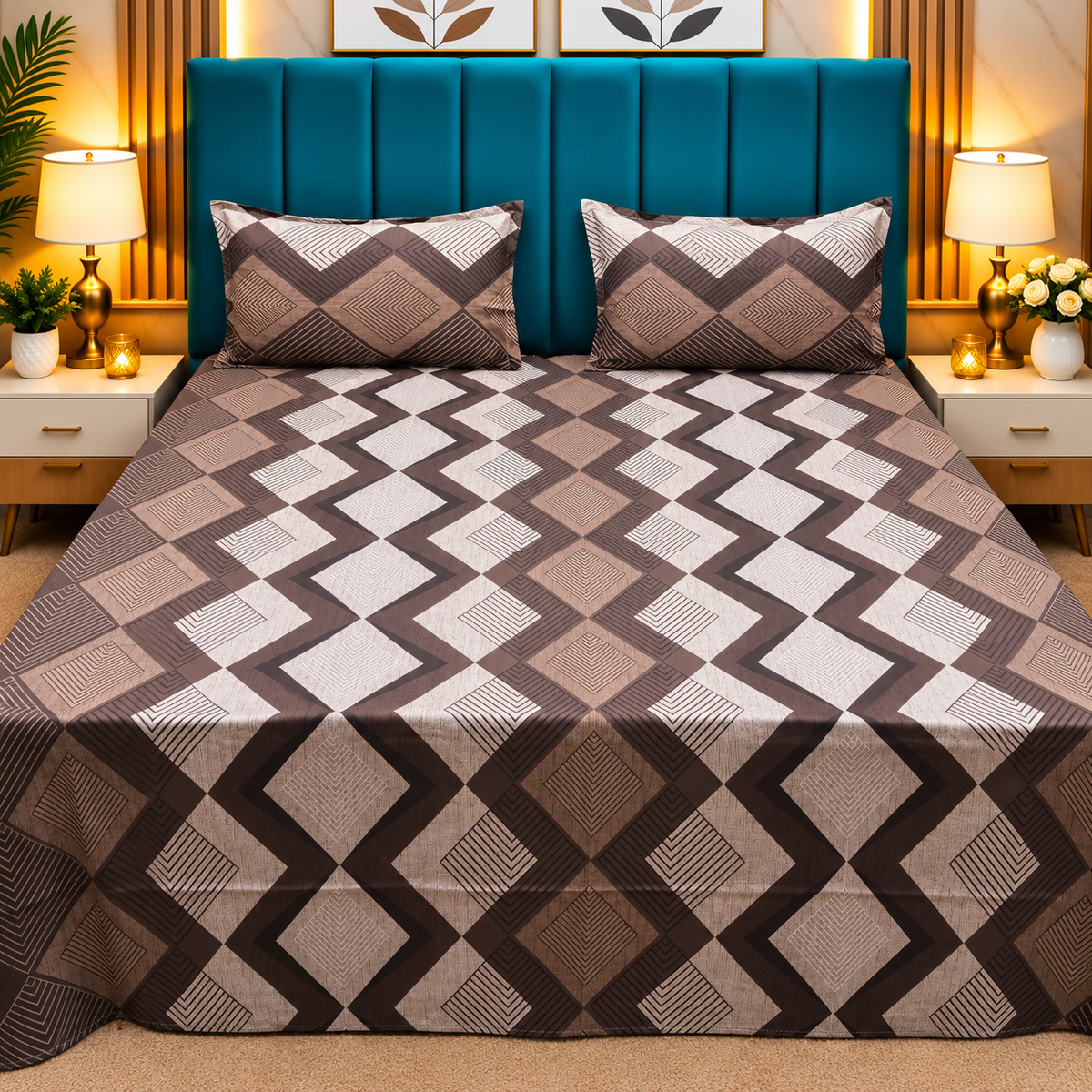 Procian Premium Brown & Beige Geometric Printed Pure Cotton Queen-Size Bedsheet