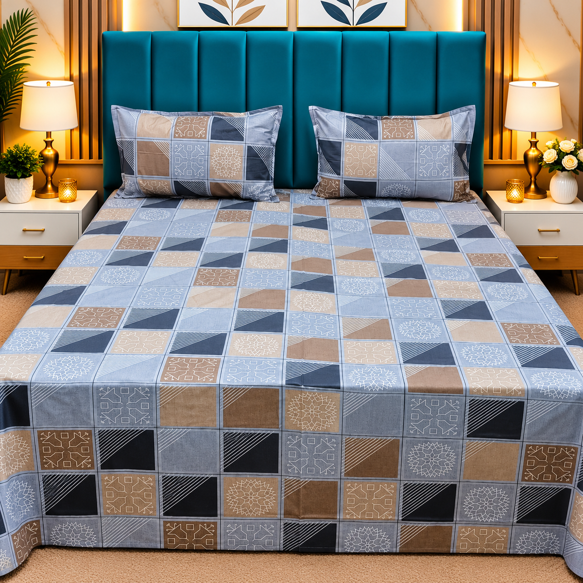 Procian Premium Blue, Beige & Grey Geometric Printed Pure Cotton Queen-Size Bedsheet